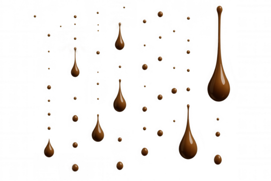 Falling chocolate drops and liquid splashes creating an engaging pattern, perfect for food and dessert concepts with transparent background