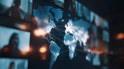 Digital world map with glowing connections illustrating global network communication and virtual collabo n across multiple screens