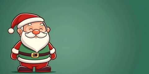 Cheerful cartoon character dressed in a festive red and green outfit, smiling and standing on the left side of the frame against a solid, green background.