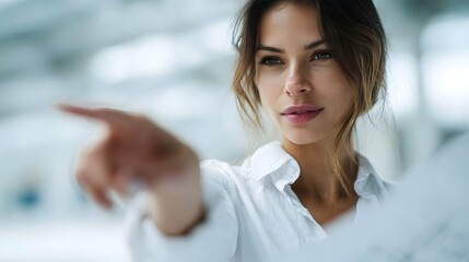 Focused professional woman in a white shirt points while reviewing a document or blueprint in a bright modern setting