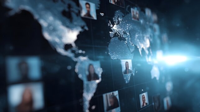 Digital representation of global connections with people s portraits overlaid on a luminous world map symbolizing international communication and