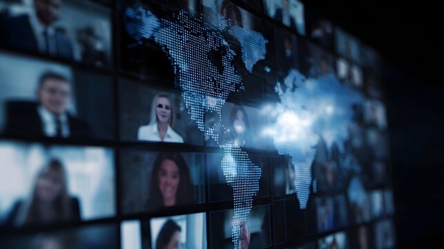Global connection through digital video conferencing with a world map overlay on multiple screens