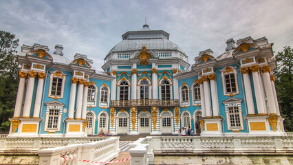 Hermitage pavilion timelapse hyperlapse in Catherine park in Tsarskoe Selo near Saint Petersburg,...