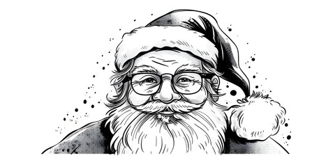 A monochromatic illustration showcases an elderly man in a traditional hat, glasses, and a white beard, exuding a friendly persona, with ink splashes adorning the white background, conveying...