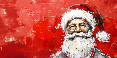 Cheerful portrait depicts a jovial elderly man with a long white beard, mustache, and spectacles, set against a vivid red background with brushstroke textures, embodying the spirit of generosity and