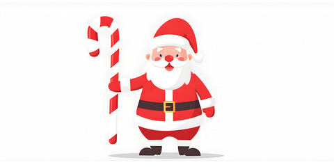Cheerful, jolly figure with a large white beard, a red hat, and a red outfit adorned with a gold belt, clutching a striped candy cane against a pristine white backdrop.
