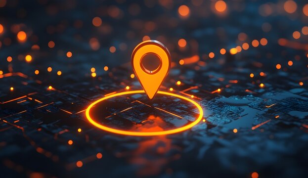 Glowing orange location pin on a dark digital city map, futuristic navigation concept. - Powered by Adobe