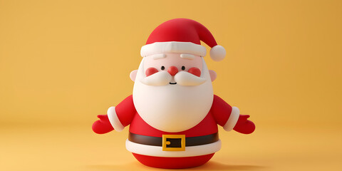 Charming depiction of a cheerful character, rendered in a 3D style, featuring a red hat, a fluffy white beard, rosy cheeks, and a black belt with a golden buckle, set against a vivid, solid yellow...