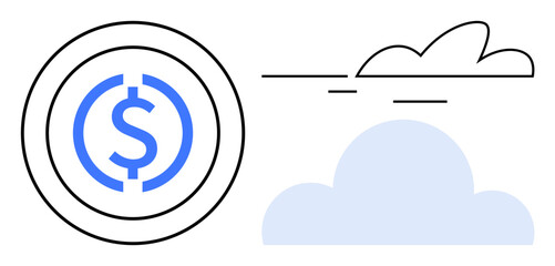 Coin with dollar sign encircled by lines beside minimalistic cloud shapes. Ideal for fintech, cryptocurrency, digital economy, cloud computing, innovation, finance, sustainability. Simple flat