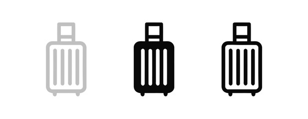 Set of Three Suitcase Icons in Black and Gray Color on White Background