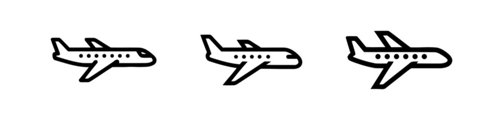 Three Airplane Icons in Black Outline Isolated on a White Background