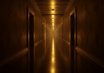 Dim hotel corridor glows amber; endless doors lit!