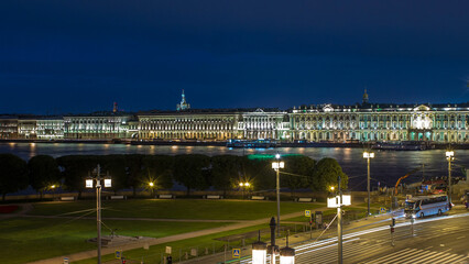 The Palace embankment and the rostral column timelapse June night. St. Petersburg, Russia