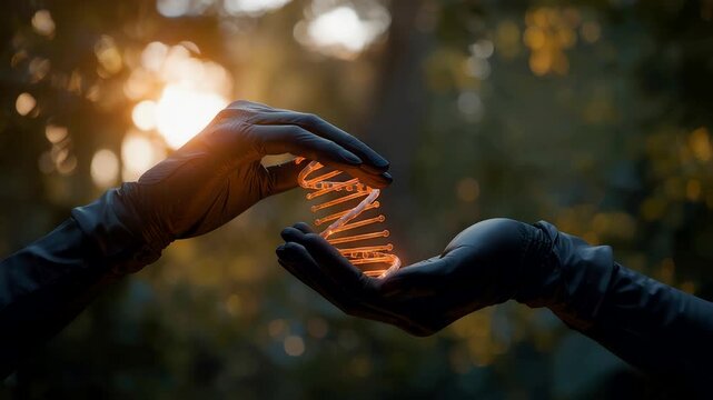 Mysterious gloved hands holding glowing spiral light in a dark forest with warm sunlight filtering through the trees at golden hour