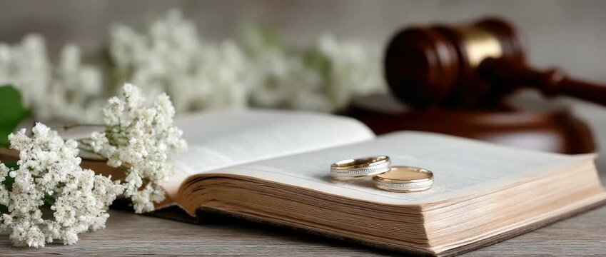 A close-up display of wedding rings on an open book with flowers and a gavel, capturing the essence of commitment and partnership