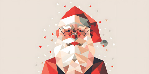 Portrait of a jolly figure with a long white beard and red hat, represented through a geometric design style, with a beige backdrop and decorative confetti elements scattered throughout the artwork