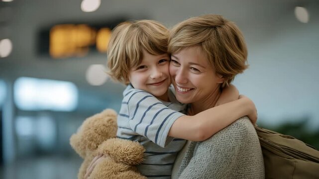 A child, their hands clutching a toy, runs into a parent&rsquo;s arms at an airport lounge, their hug joyful. A suitcase, its plastic shell scuffed, sits on the carpet, its fibers worn. A stuffed animal,