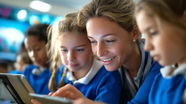 Young female teacher instructing primary school kids on laptops and tablets about programming and internet safety in a classroom, tech-savvy children classroom, female teacher codi