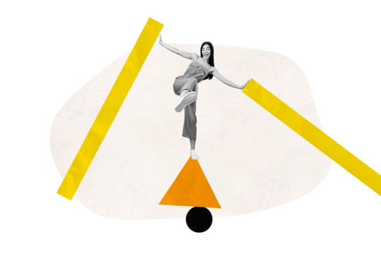 Composite trend artwork sketch image collage of element escape geometry hurdle small young lady stand triangle balance hand hold platform