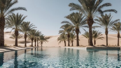 Fototapeta premium Tranquil desert oasis features a shimmering pool bordered by palm trees, dunes in the background