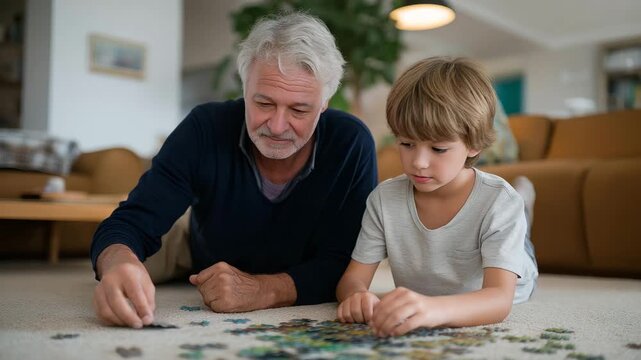 An inventive grandfather assembles a puzzle with his 6-year-old grandson on a carpeted floor scattered with pieces, reference boxes, and triumphant smiles emerging, shown in a thoughtful photo with