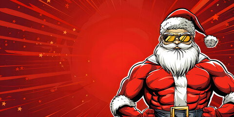 Robust figure of a jolly personage wearing a festive hat and shades, embodying strength, with a long white beard, standing in a dynamic pose against a backdrop of vibrant red colors and starburst...