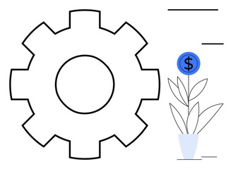 Large gear alongside a potted plant featuring a dollar coin as a flower. Ideal for business growth, efficiency, innovation, strategy, investment, planning, and sustainability. Simple flat metaphor