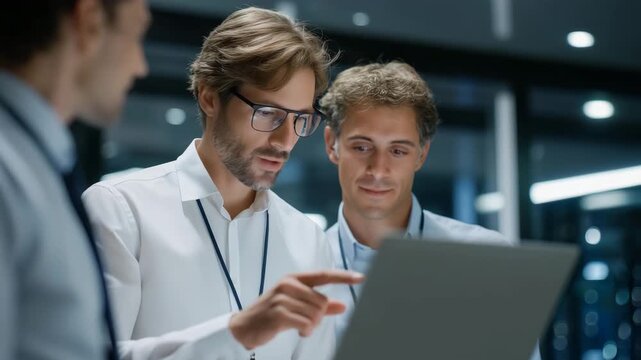 IT professionals testing network protocol compliance in futuristic server room, symbolizing secure data exchange, digital efficiency, and innovative technological development across industries.