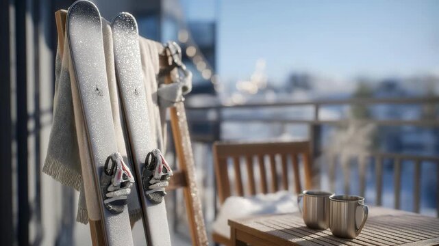 On a rooftop deck, skis and goggles hang from a metal hook, the skis' bindings iced over from recent use, surfaces beaded with melting snow, and the goggles' strap dangling, foam padding damp. A