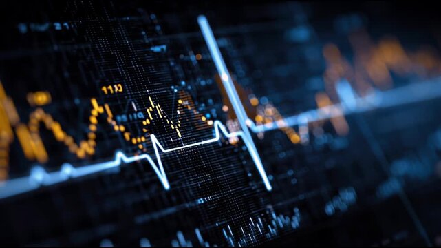 Visualizing Vitality: An abstract close-up reveals the rhythmic dance of a heart rate monitor, showcasing dynamic lines, vital signs, and a sense of technological precision and medical insight.