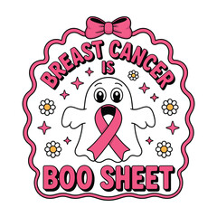 Breast Cancer Awareness Vector, Cute Ghost Boo Sheet T-shirt Design with Pink Ribbon Witch Hat
