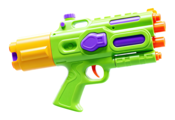 Green and Yellow Water Gun with Purple Accents, Transparent Background, Toy Design Element