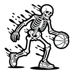 Skeleton Playing Basketball Vector, Spooky Sport T-shirt Design Illustration with Dribbling Skull