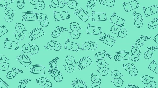 Seamless financial pattern with scattered money symbols on calming teal background for versatile designs like finance websites or money related branding.