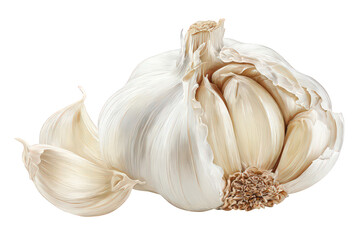 Obraz premium Macro Shot of White Garlic Bulb and Two Cloves on Transparent Background