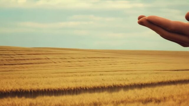 A hand reaches out toward a small house in the middle of an endless golden wheat field, symbolizing dreams and unattainable goals. Suitable for articles about aspirations, motivation, agriculture, lon