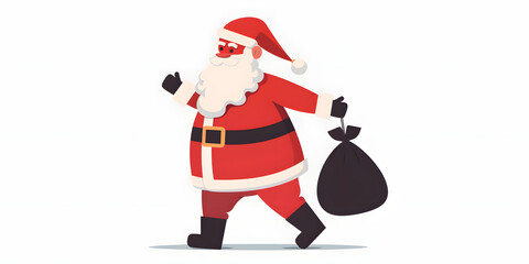 Cheerful character in red attire, with a white beard and hat, confidently strides forward while carrying a large black sack, on an isolated white background. The illustration evokes festive feelings.