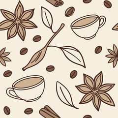 Seamless coffee pattern background with anise cinnamon and coffee beans eps silhouette