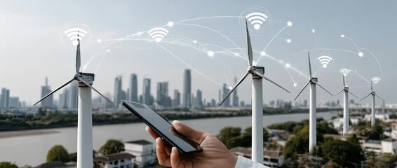 Wind turbines are shown generating clean energy while a smartphone connects to innovative technology for monitoring and optimization - Powered by Adobe