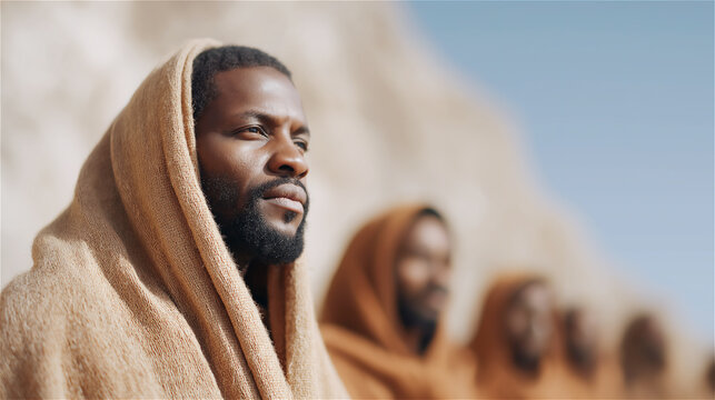 Portrait of man wrapped in blanket outdoors, concept of contemplation, peace, and self-reflection.