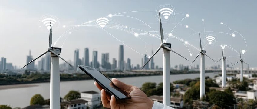 Wind turbines are shown generating clean energy while a smartphone connects to innovative technology for monitoring and optimization