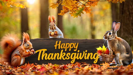 Thanksgiving Basket with Dried Flowers and Festive Sign on Wooden Surface