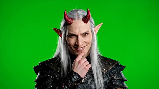 Elf Devil Horns Chroma Key - A male elf with devil horns smiles mischievously at the camera. He has long white hair, pointed ears, and is wearing dark armor against a green screen background.