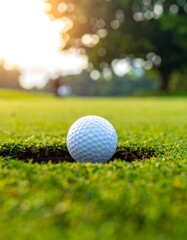 Obraz premium Golf ball nestled in a golf cup, vibrant green grass surrounds the scene, soft sunlight filtering through trees