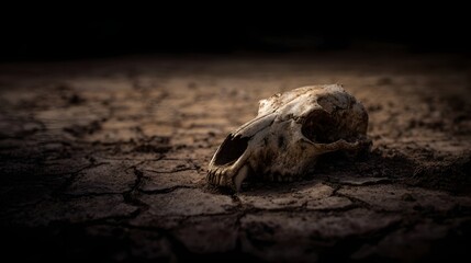 A bleached animal skull rests on the parched cracked earth symbolizing drought and desolation under harsh lighting