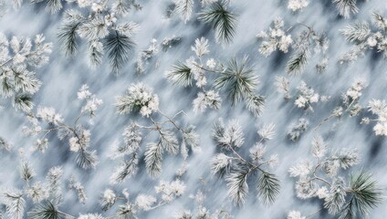 Snow-covered pine branches lie across a blurred, icy-blue, textural background