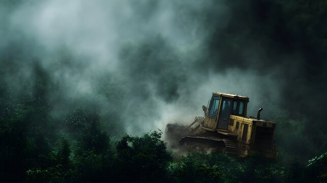 Yellow bulldozer clearing dense green forest in misty atmosphere