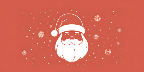 Cheerful and inviting illustration features a stylized Santa Claus face and beard in a minimalist line art style, surrounded by falling snowflakes, creating a festive design on a warm red background.