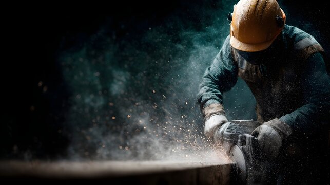 A construction worker in a hard hat and safety gear intensely cuts material with a power saw creating a shower of sparks and dust