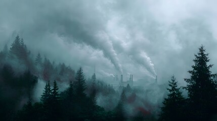 Industrial smoke billows from factory chimneys across a dense misty forest landscape